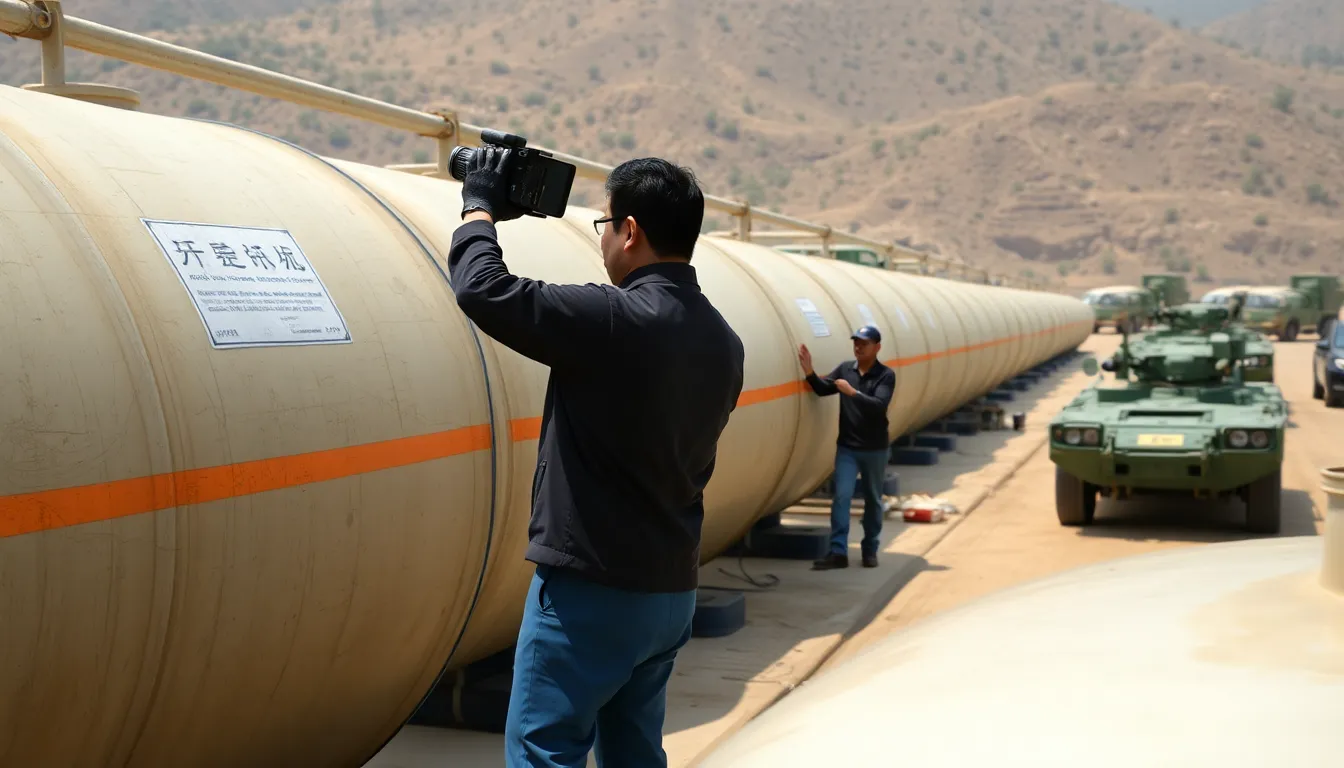 Chinese workers are seen loading large oil containers onto trucks at a storage facility, reflecting the country's increased oil stockpiling efforts amid rising tensions in Iran.