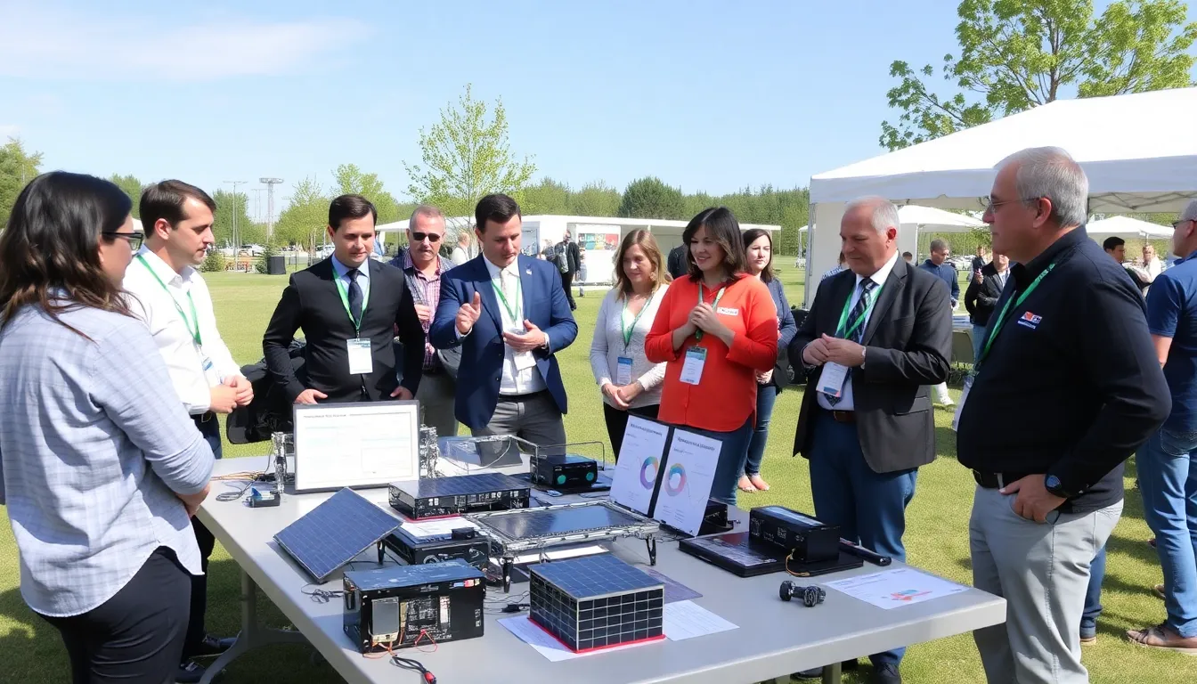 A group of clean energy workers discusses strategies at a solar panel installation site, reflecting the challenges faced by the industry amid changing federal policies.