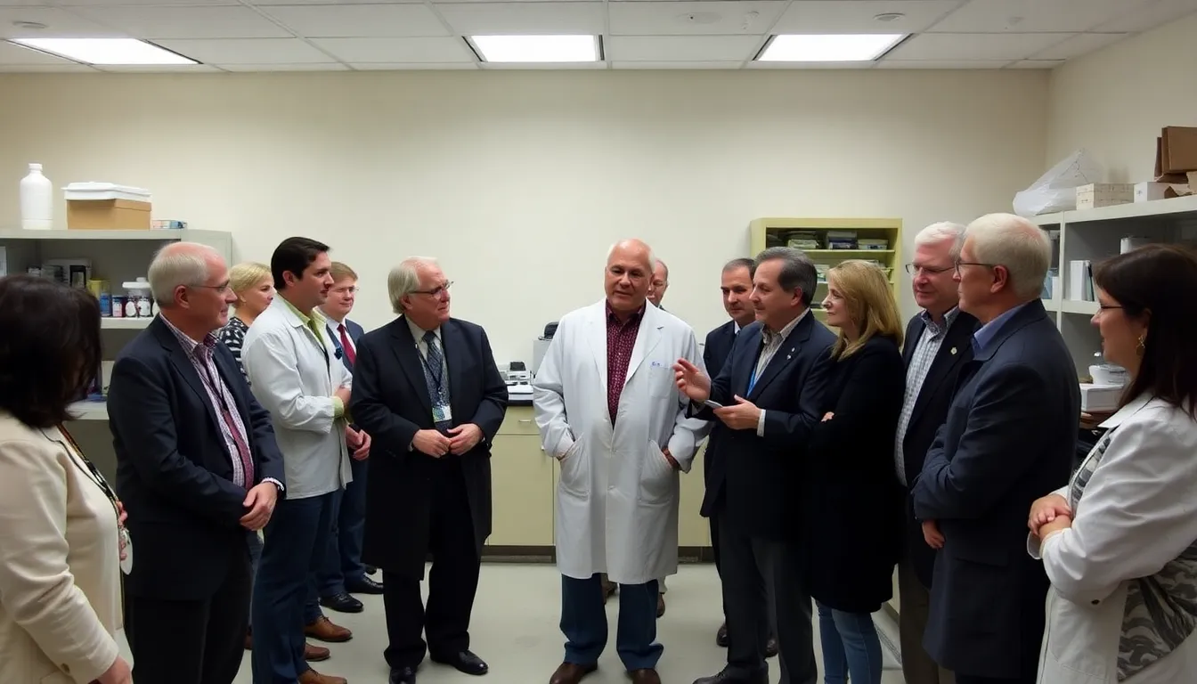 A group of scientists and students gather in a laboratory, reflecting on the legacy of David Botstein as they discuss his influential contributions to gene mapping and the Human Genome Project.