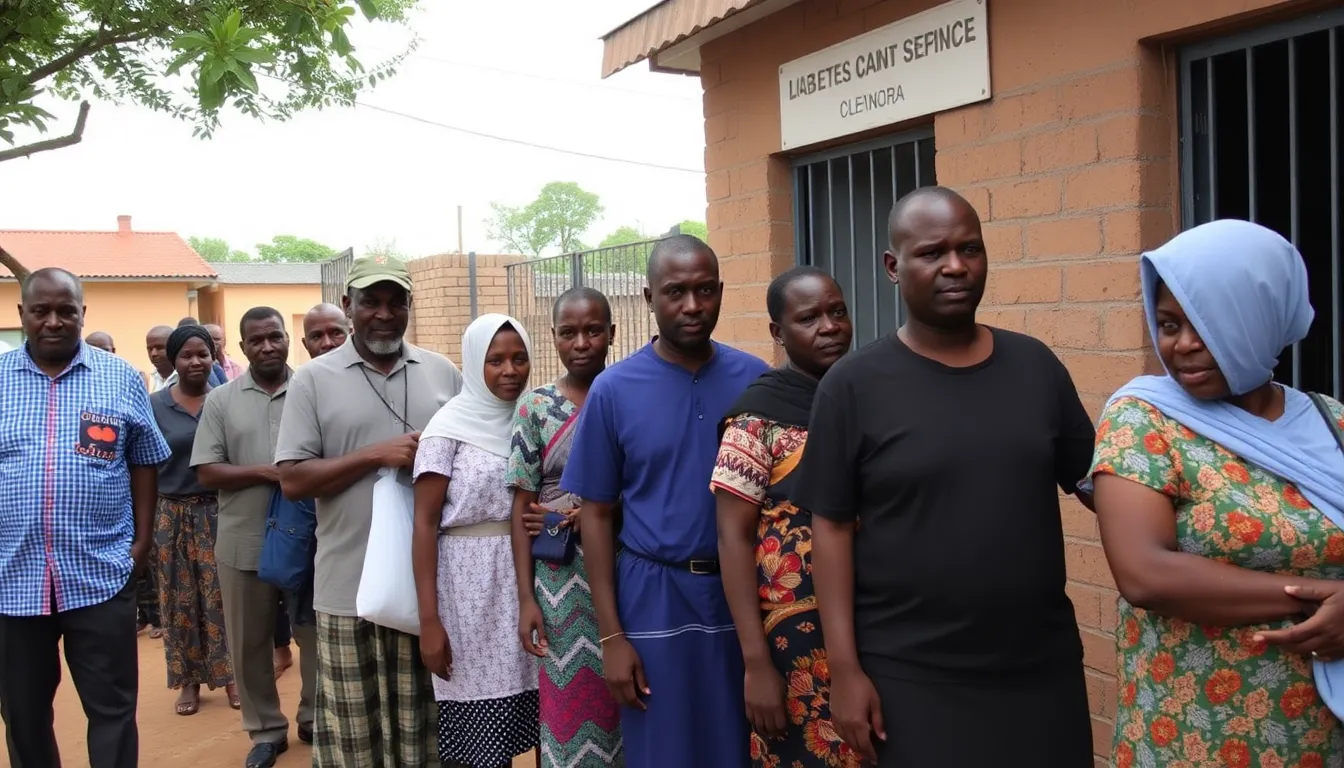 The exterior of a local hospital struggling to accommodate the increasing number of diabetes patients, reflecting the challenges faced by healthcare systems in Africa