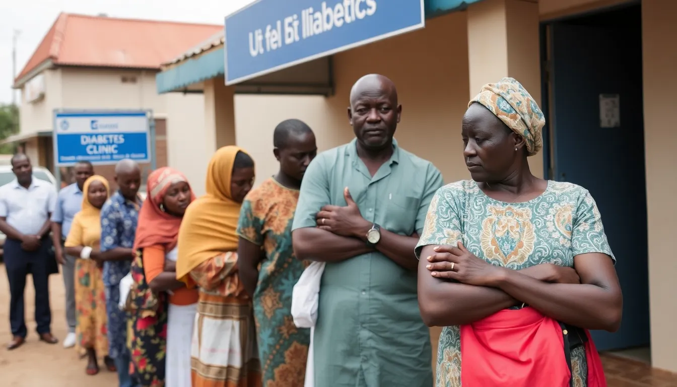 A group of individuals participating in a public health awareness campaign focused on diabetes prevention and healthy lifestyle choices in an African community