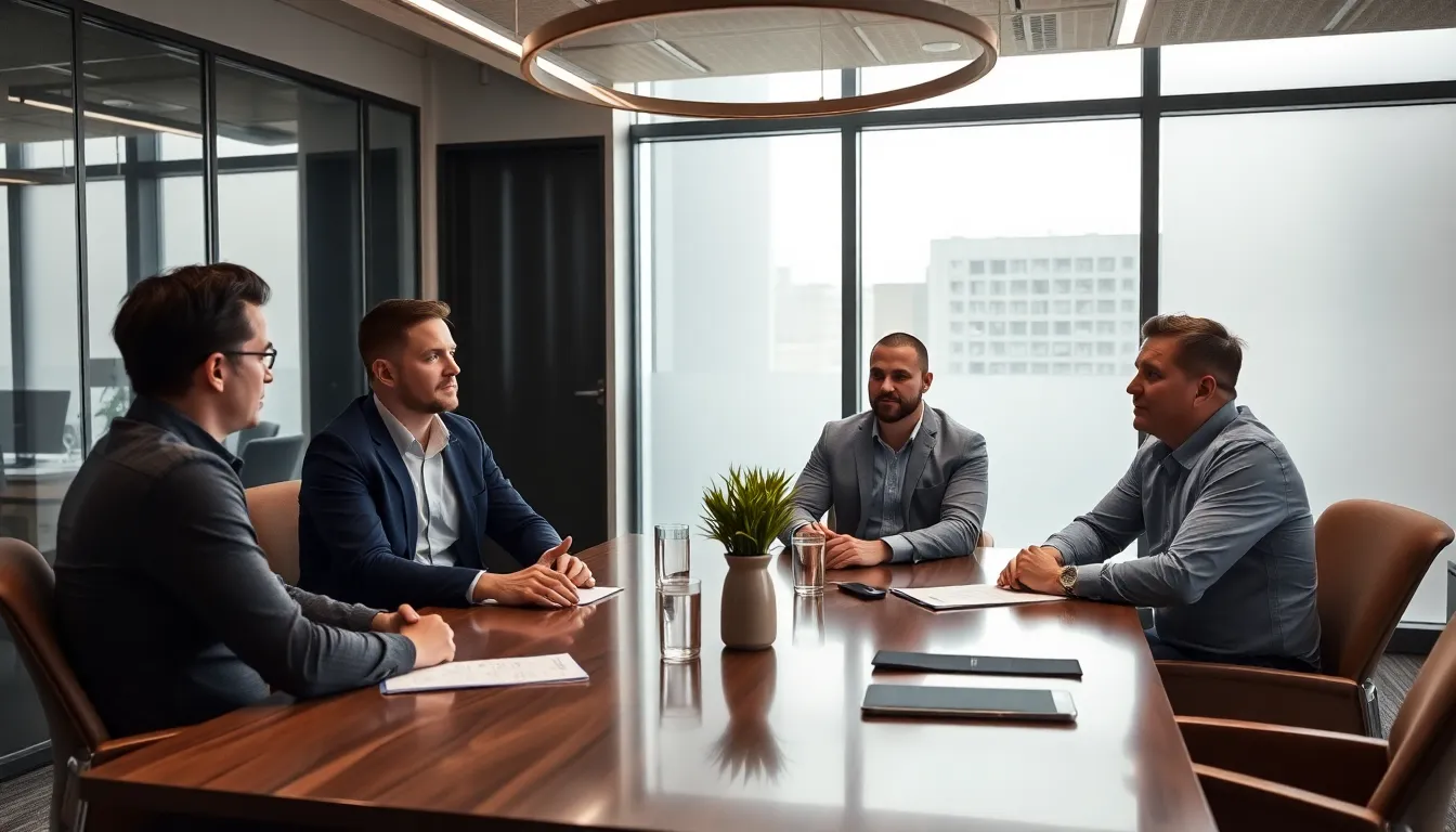 Embark's headquarters is shown with employees gathered outside, discussing the recent announcement of cofounder Rob Runesson's departure amid misconduct allegations.