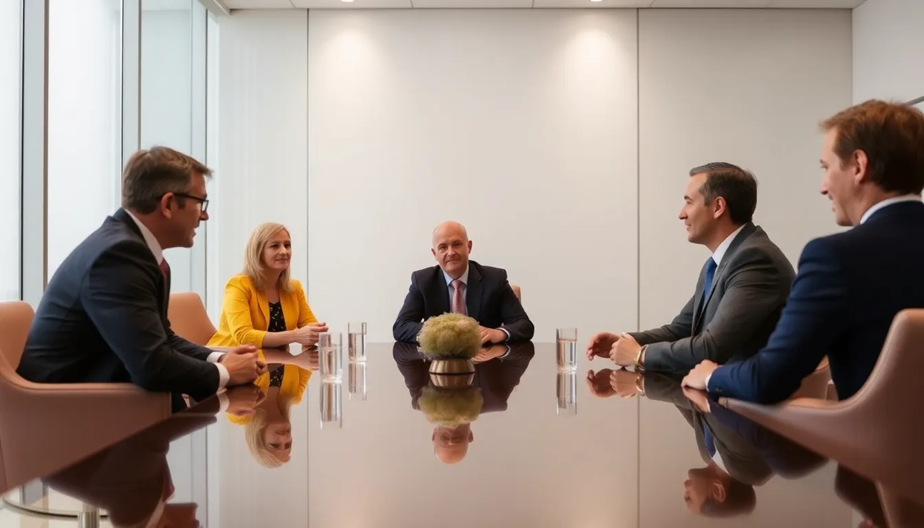 Executives from Estée Lauder and Puig are seen in a conference room discussing the potential merger, with documents and laptops open on the table.