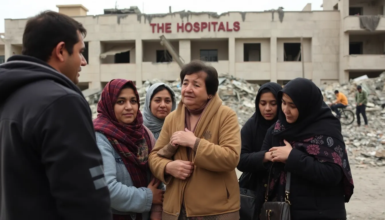 A group of individuals stands in a makeshift shelter, expressing their grief and concern as they search for missing family members following the attack