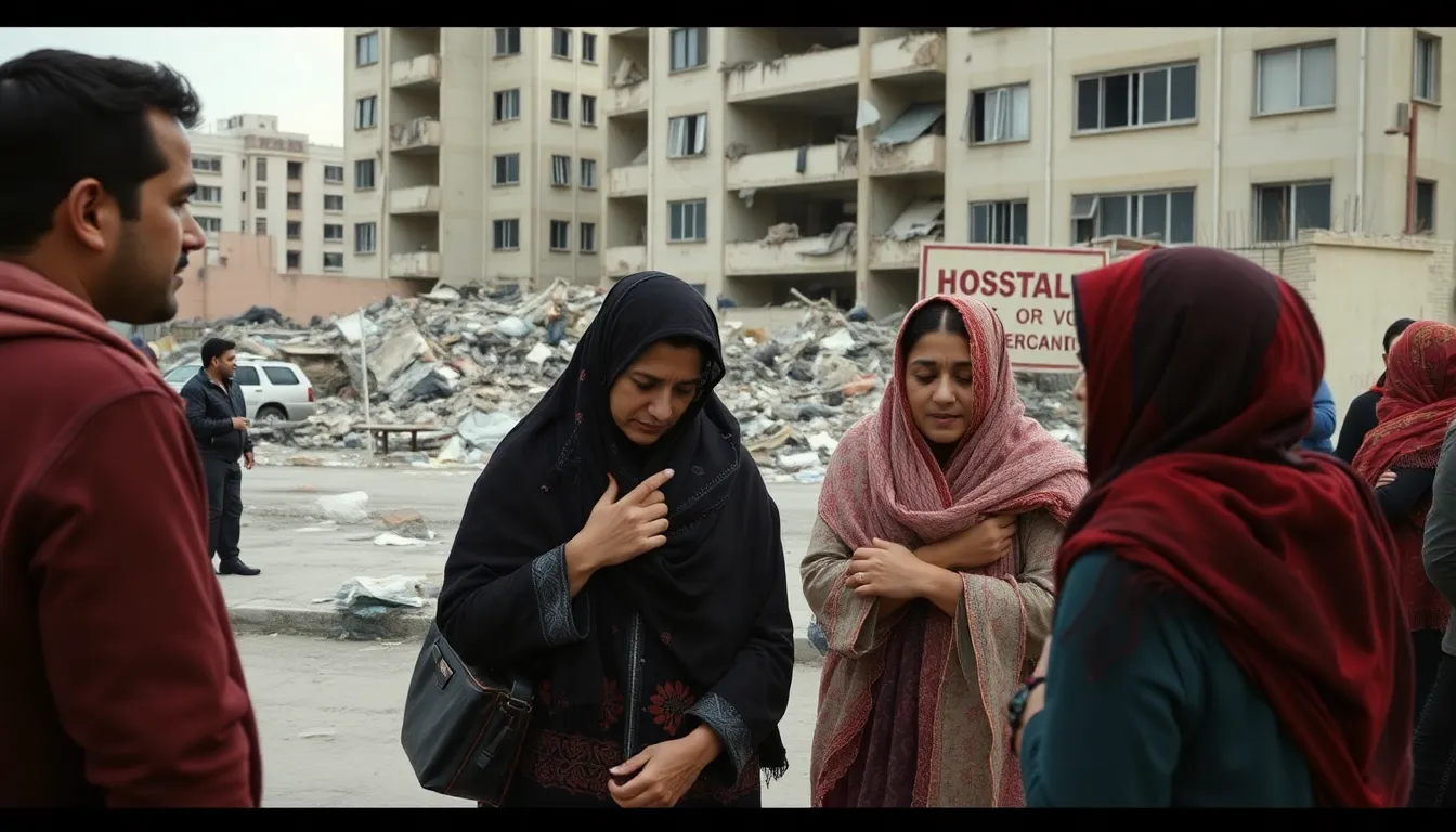A scene of chaos unfolds as families navigate through a crowded area, desperately seeking information amidst the aftermath of violence in their community