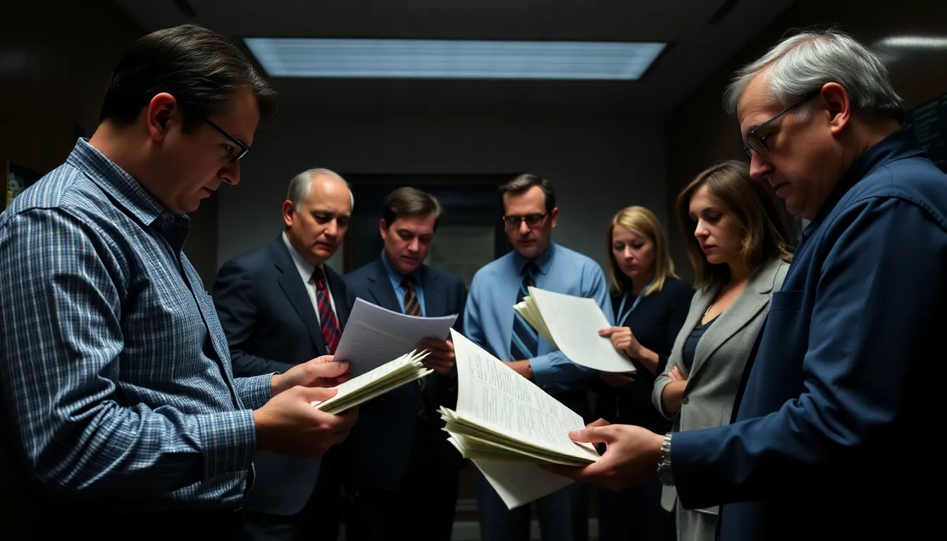 An office of the F.B.I. where agents are reviewing old investigative files related to political figures and their historical context
