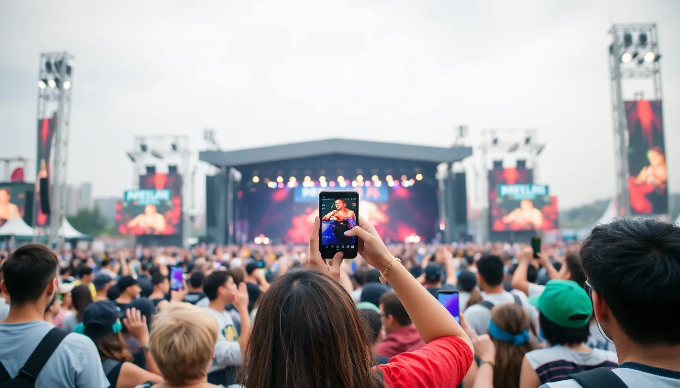 Crowds of festivalgoers gather in a field, many looking at their phones in frustration as they struggle to maintain a mobile signal during the event.