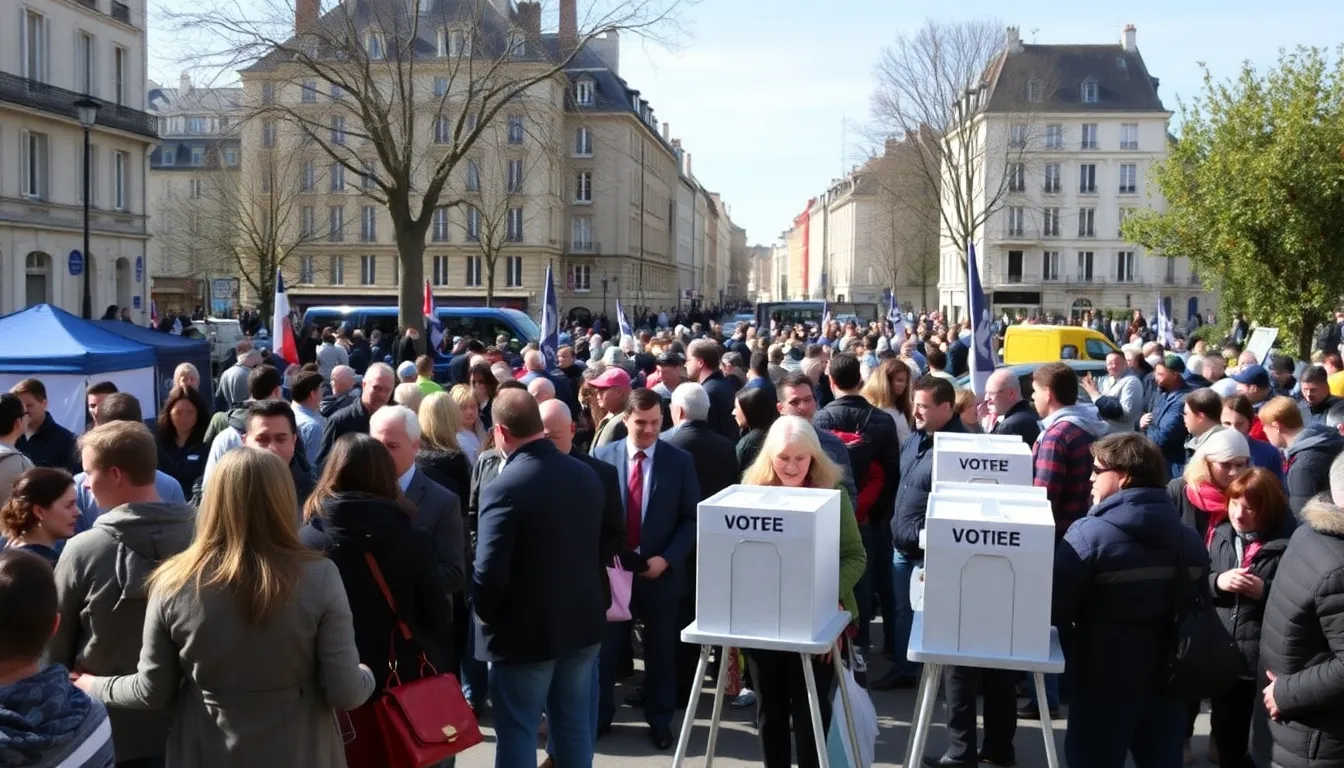 Newly elected mayors celebrate with supporters in a bustling town square following the recent mayoral elections in France.