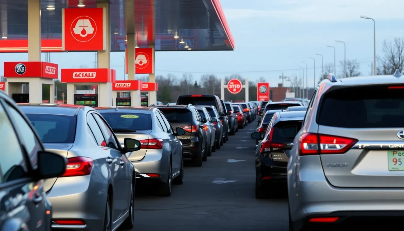 A long line of cars waits at a gas station as drivers anxiously look at the fuel prices displayed on a digital sign.