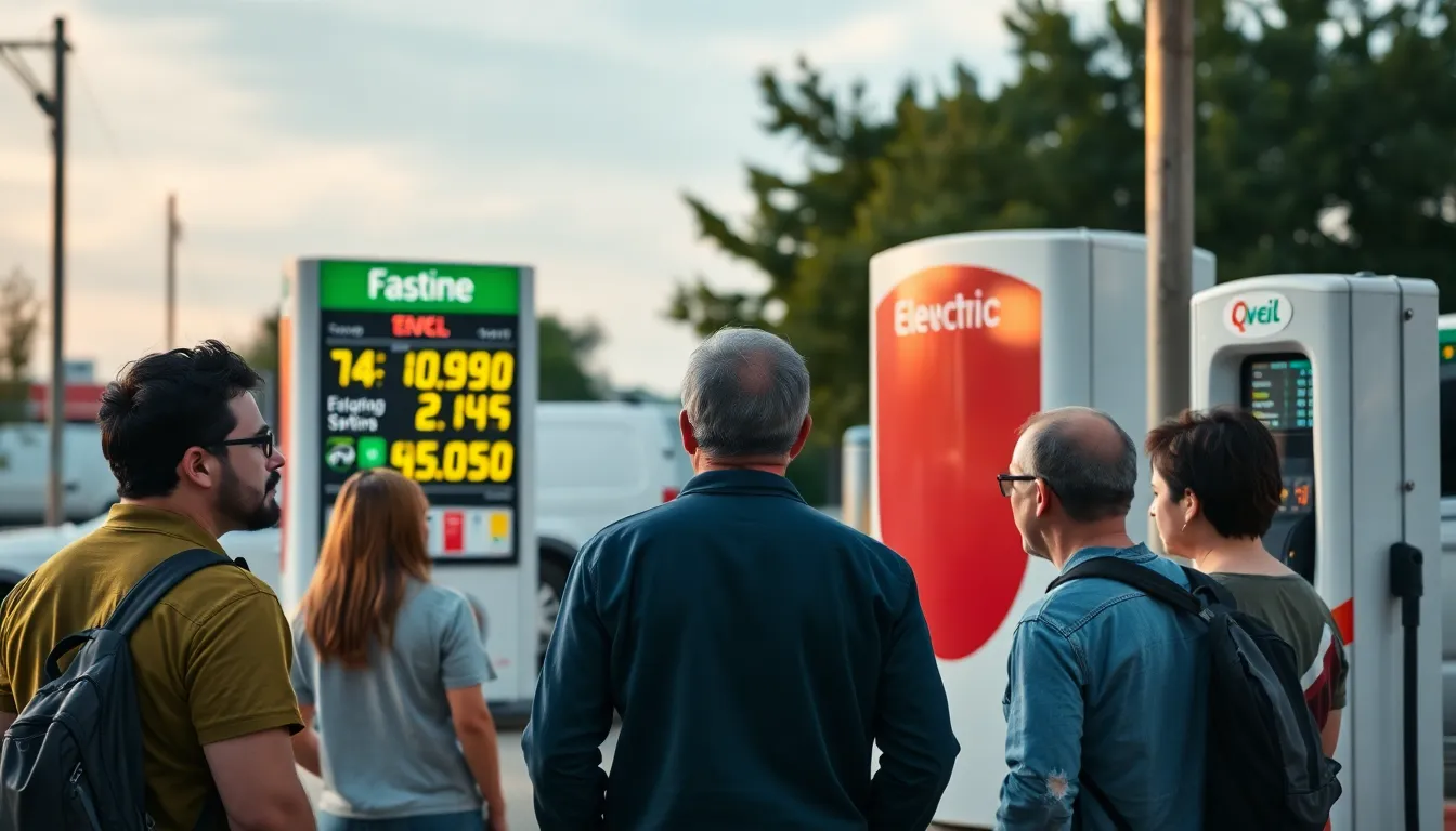 A group of diverse individuals examines an electric vehicle at a dealership, discussing its features while a large banner promoting electric cars hangs in the background.