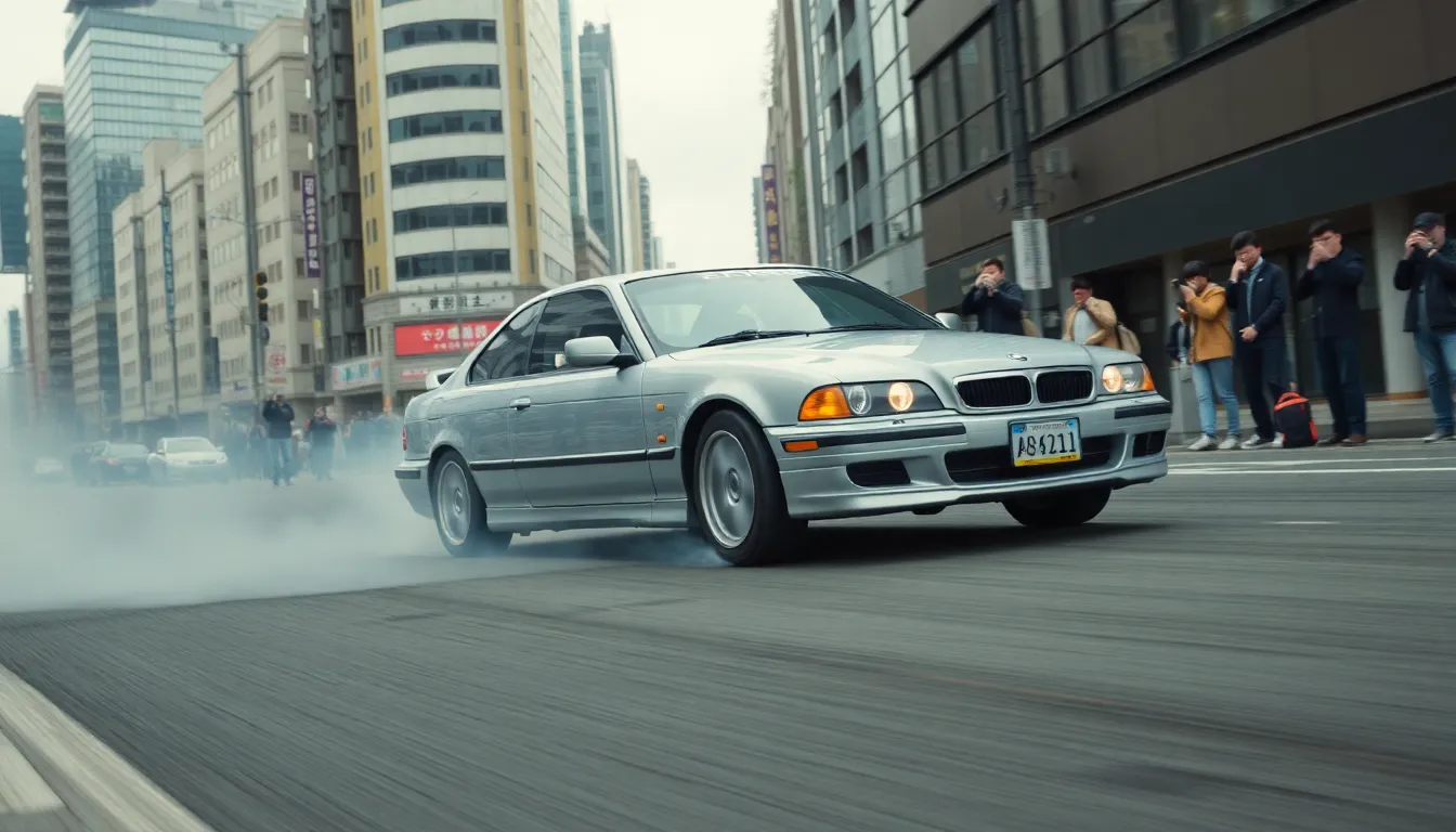 George Russell skillfully drifts a MercedesAMG car around tight corners in a scenic Tokyo setting during a promotional shoot for the Japanese Grand Prix.