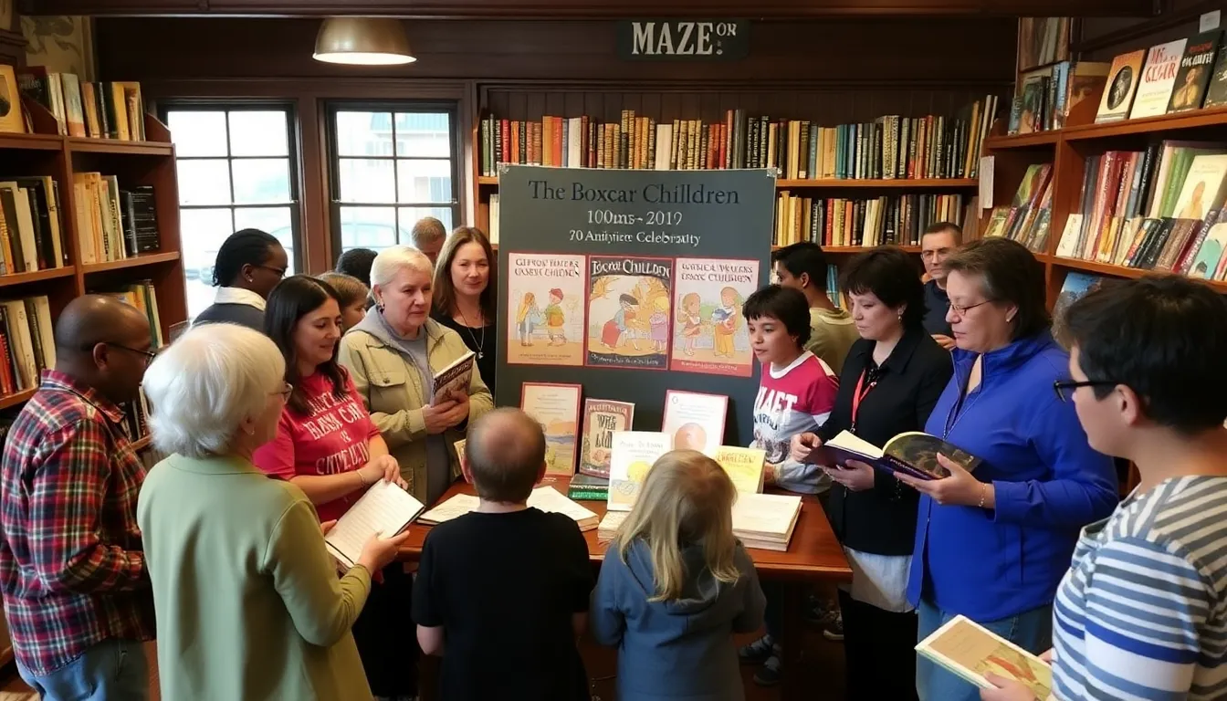 A group of children gathers around a display at the Connecticut Historical Society, exploring an exhibit dedicated to Gertrude Chandler Warner and her influential contributions to children's literature.