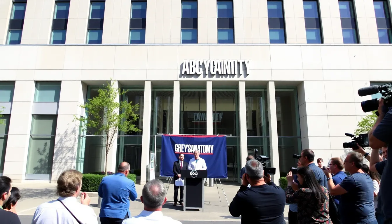 A group of enthusiastic fans celebrates the renewal of Grey's Anatomy for its 23rd season outside an ABC studio, holding signs and wearing themed merchandise.