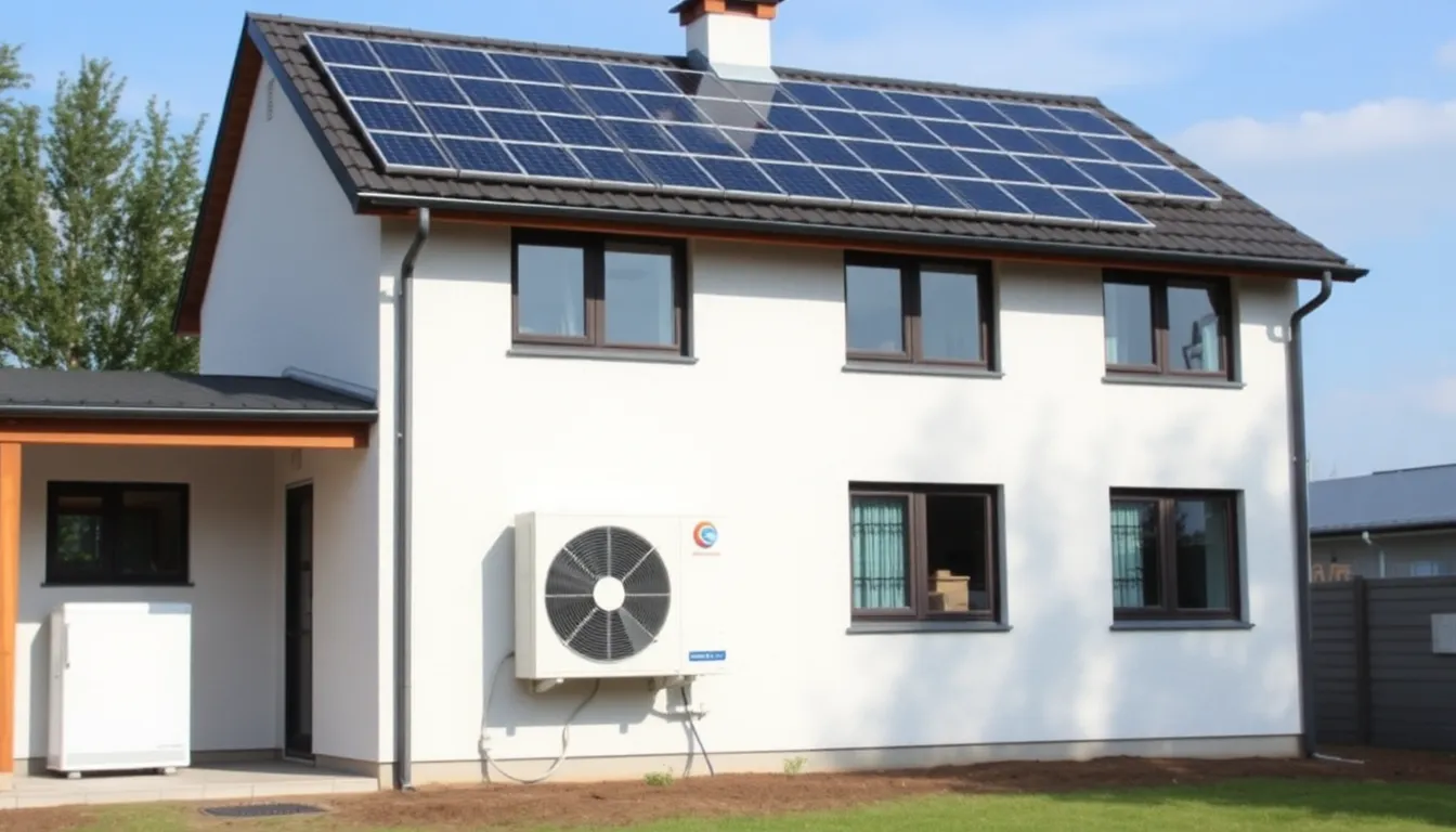 Construction workers install a heat pump system on the exterior of a newly built home, highlighting the shift towards energyefficient heating solutions in residential buildings.