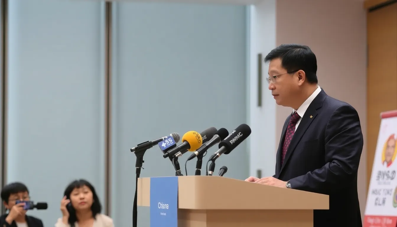 A Hong Kong government official stands at a podium during a press conference, firmly denying allegations of surveillance on UK dissidents while reporters listen attentively.