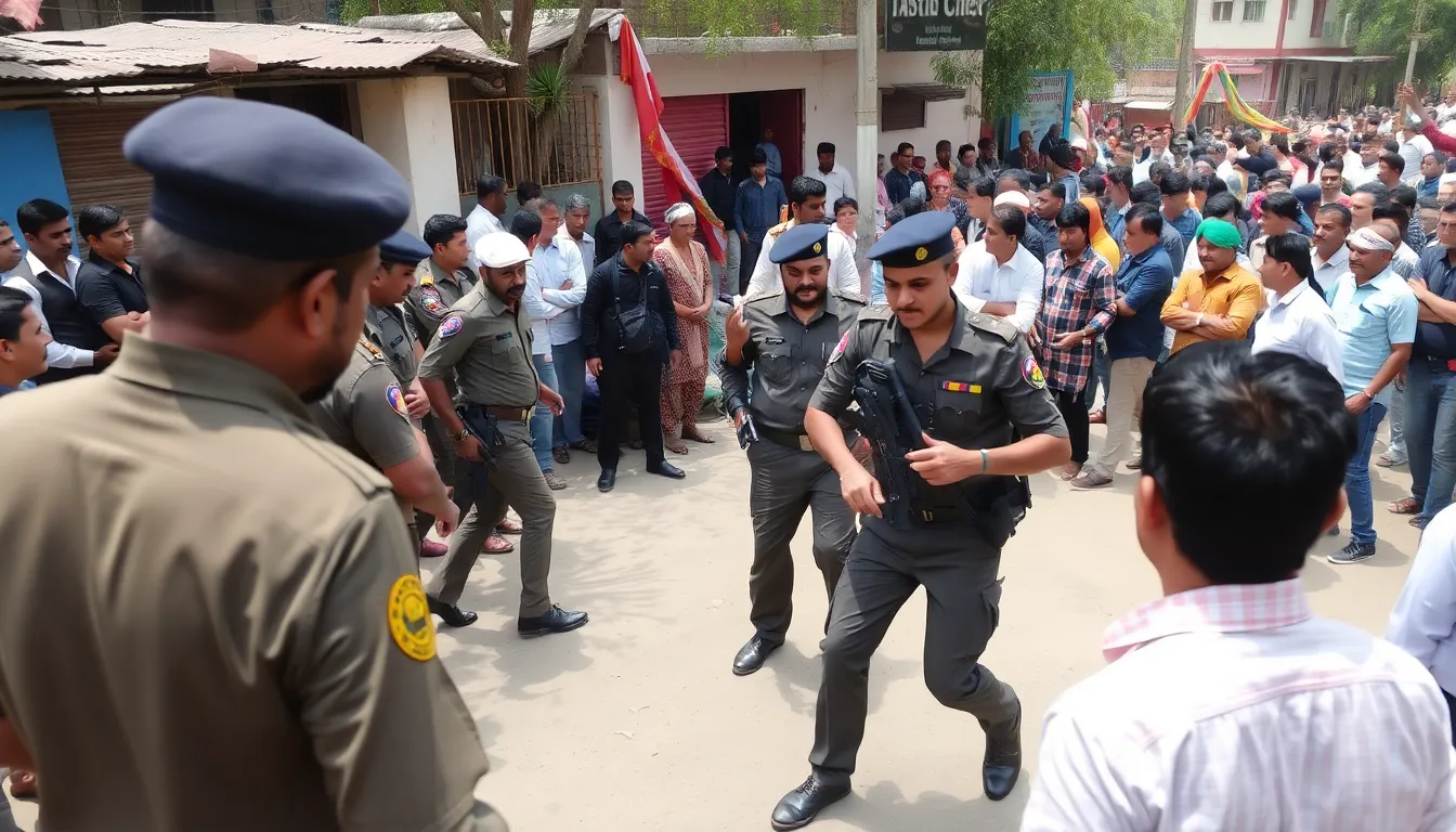 A crowd of supporters reacts in shock as an assailant fires a gun at a prominent Indian politician during a public event in Uttar Pradesh.