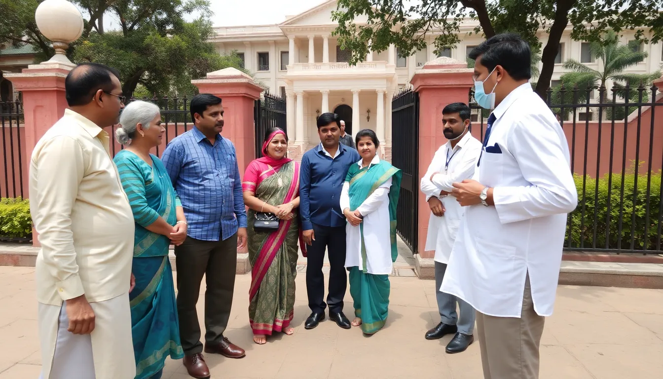 A group of family members stands somberly outside the Supreme Court in New Delhi, reflecting on the recent ruling that allows the withdrawal of life support for a man in a vegetative state.