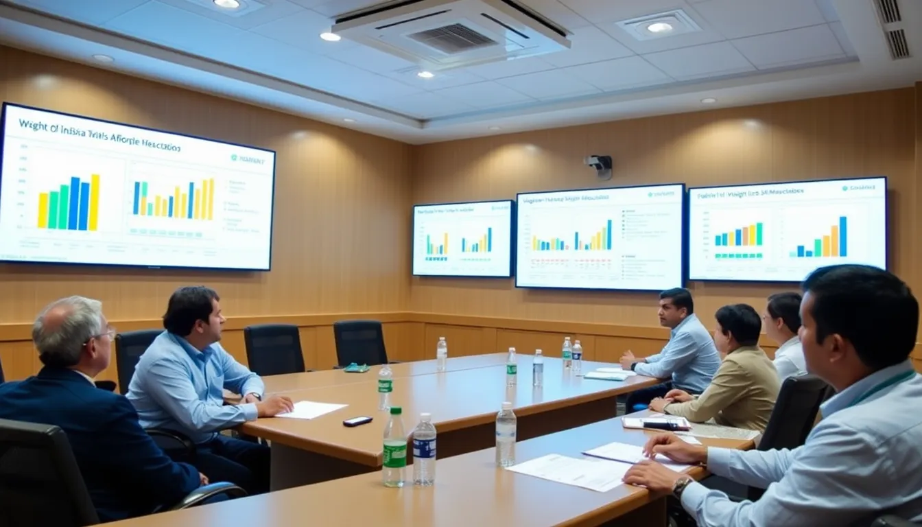 A group of Indian pharmaceutical researchers discusses the development of affordable weightloss drugs in a modern laboratory setting.