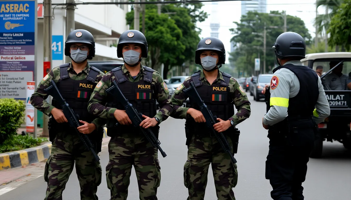 Four soldiers are being escorted by police officers as they are taken into custody in Jakarta following their alleged involvement in an acid attack on a prominent activist.