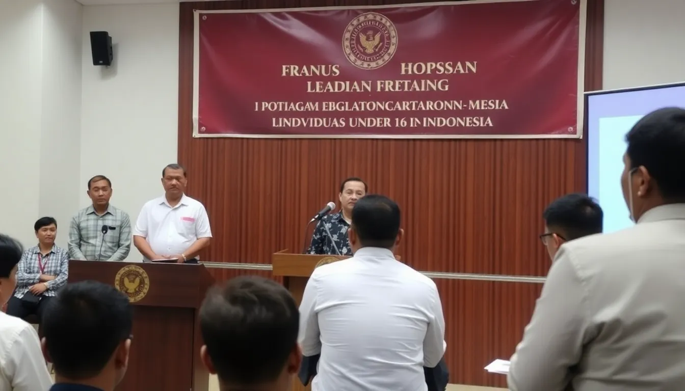 A group of concerned parents and child advocacy groups gathers outside a government building in Jakarta to voice their support for Indonesia's new policy banning social media access for users under 16.