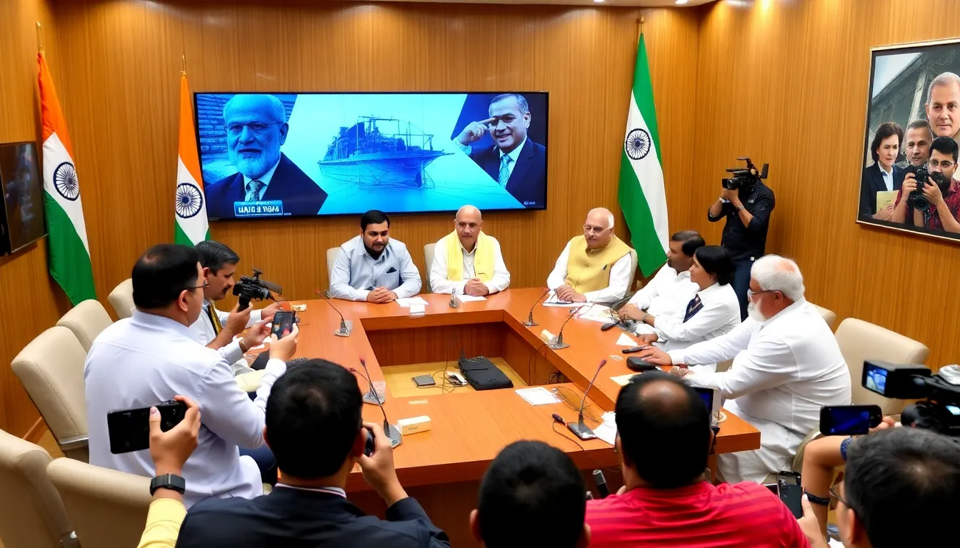 A large Iranian ship is anchored in a harbor as Indian naval personnel stand by, reflecting the tense geopolitical atmosphere following India's offer of sanctuary before a U.S. intervention.