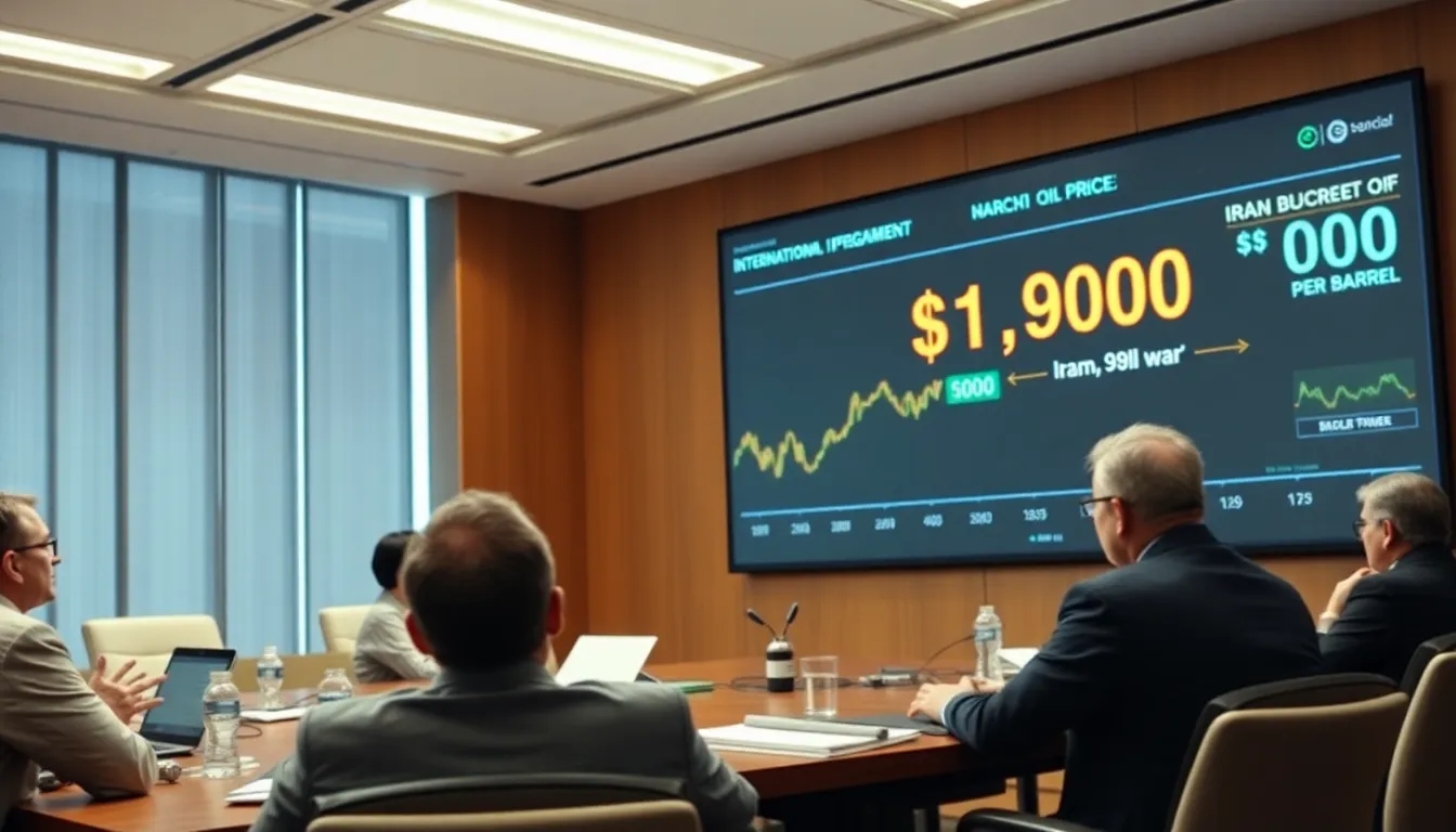 A bustling oil trading floor is filled with traders reacting to the surge in oil prices, as news of the escalating conflict in Iran dominates the screens.