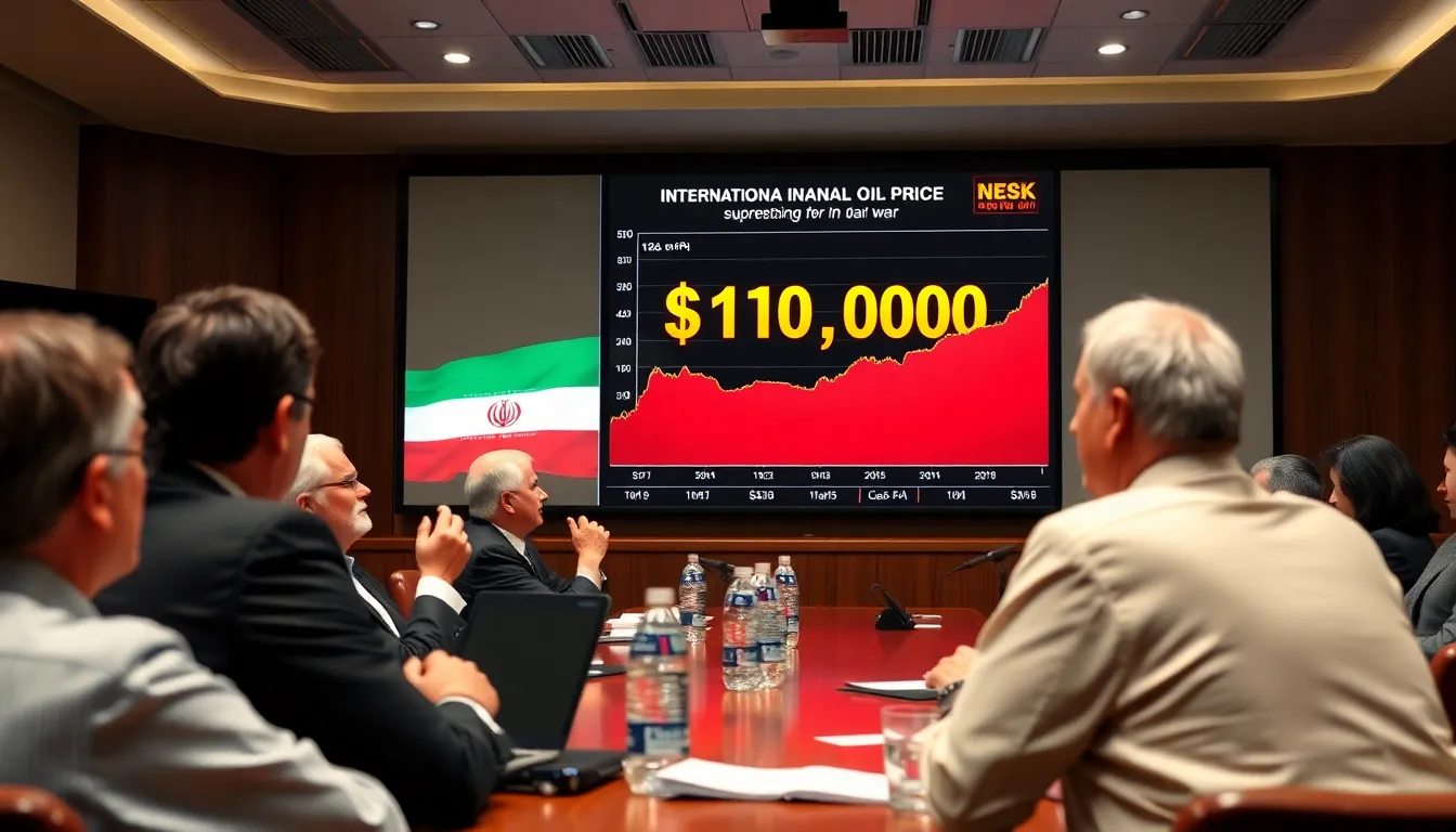 A bustling oil trading floor where traders are closely monitoring fluctuations in oil prices due to the ongoing conflict in Iran