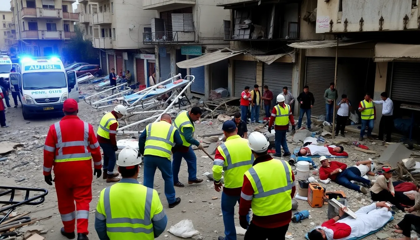Medical workers gather in a hospital corridor, tending to injured patients amidst the chaos following recent airstrikes in Lebanon.