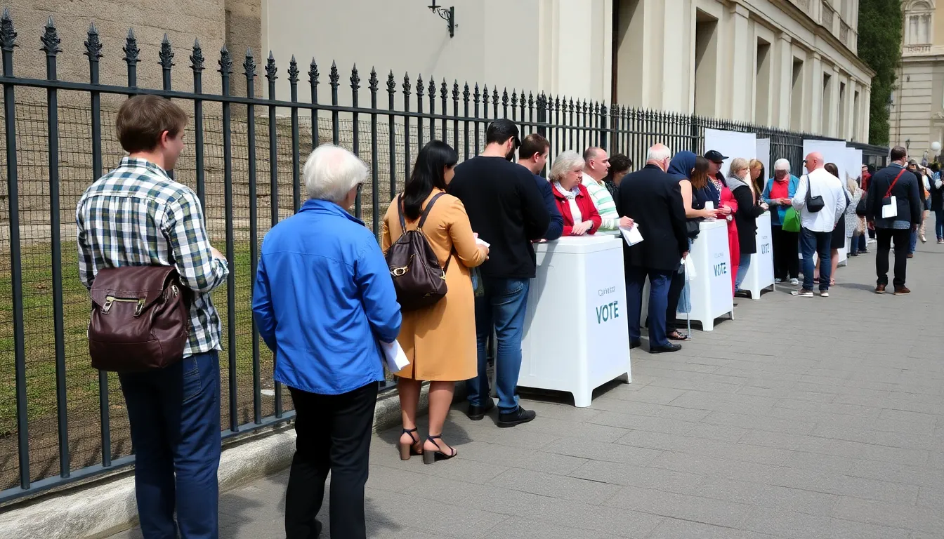 Supporters and opponents of constitutional amendments gather outside a polling station in Italy, holding banners and engaging in passionate discussions ahead of the referendum.