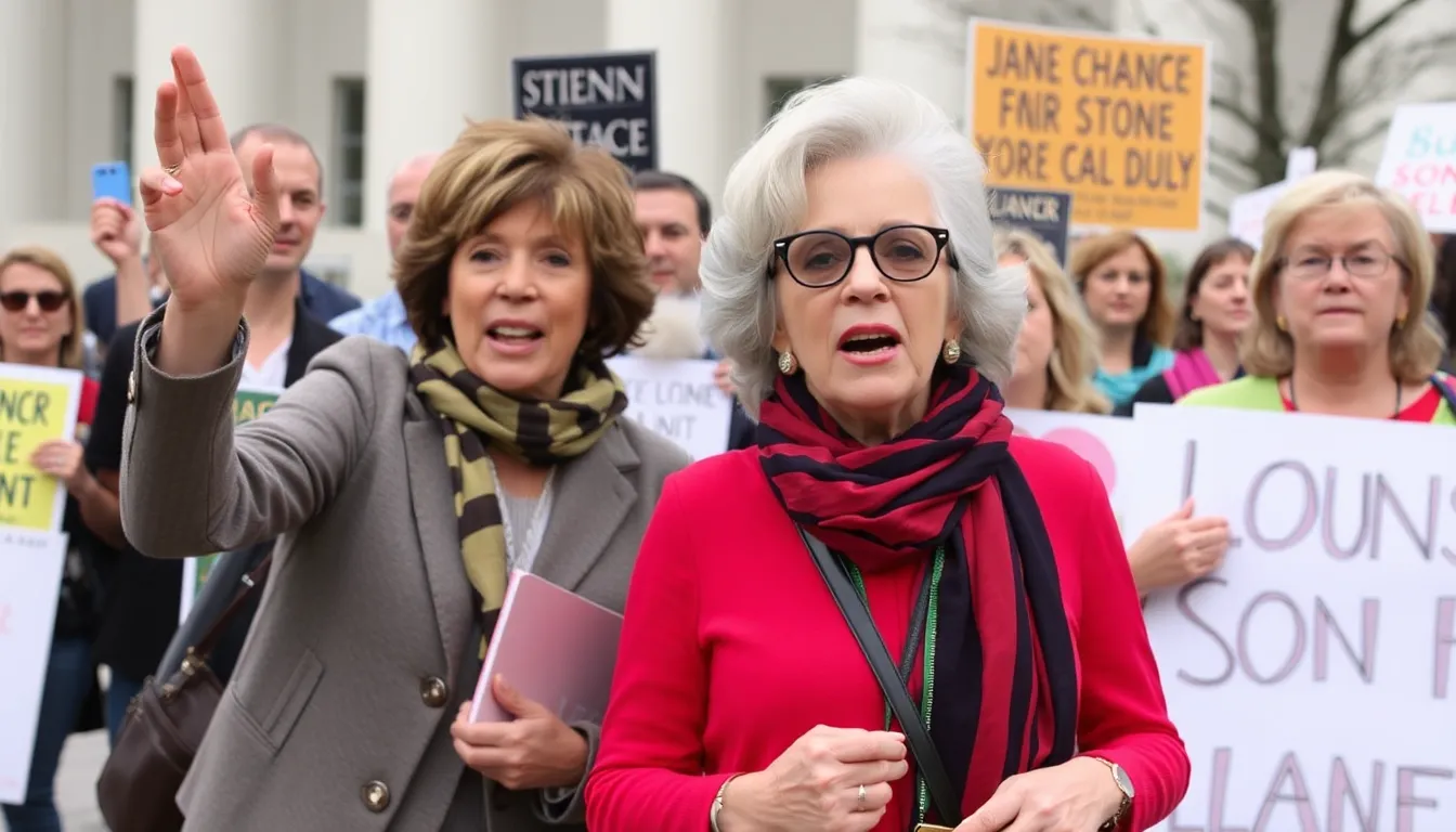 Jane Fonda and Joan Baez lead a diverse crowd of supporters in a protest outside the Kennedy Center, holding signs and chanting to demand action on social injustice and environmental issues.