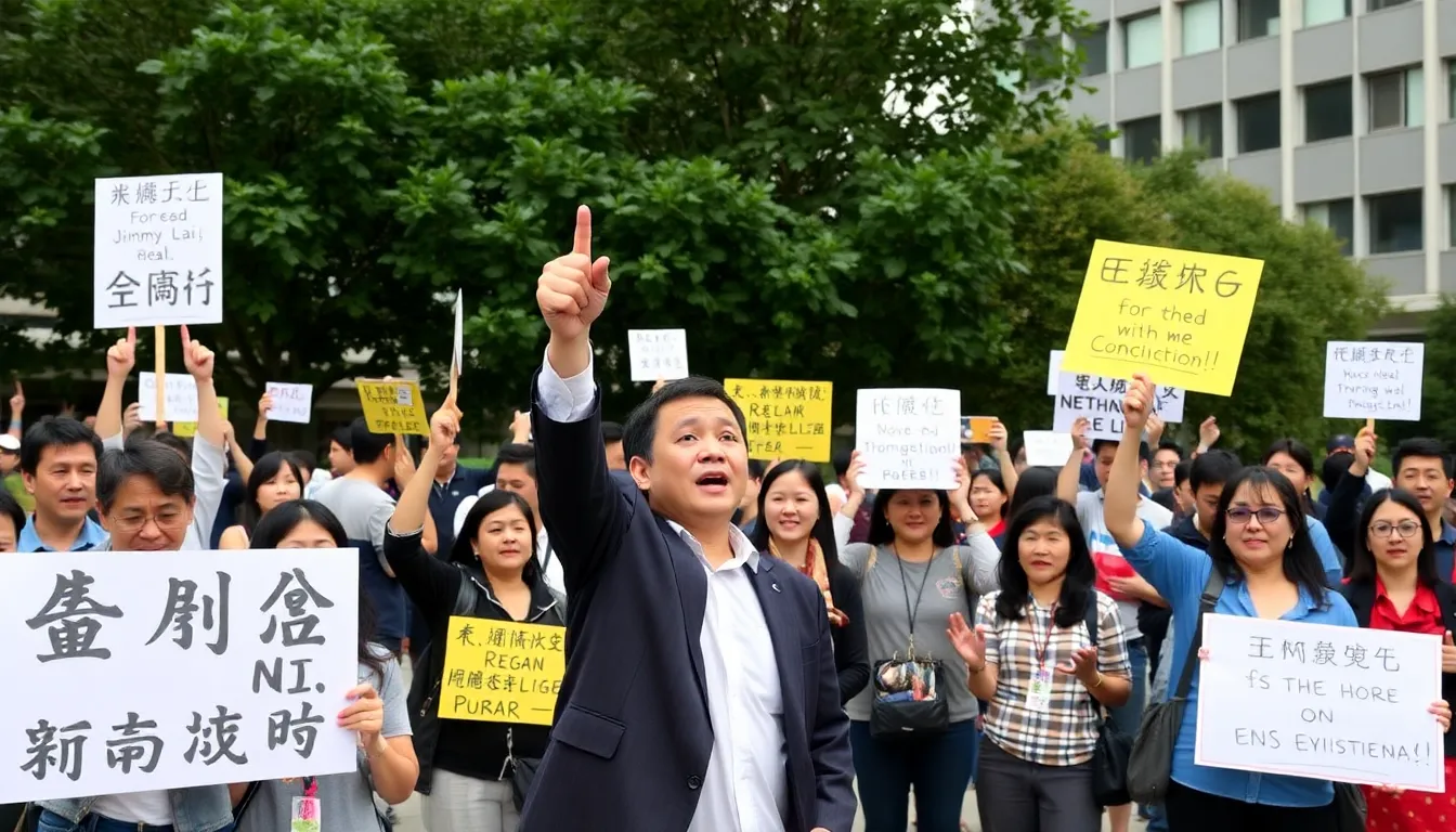 Supporters of Jimmy Lai gather outside a courthouse in Hong Kong, holding banners and signs expressing their solidarity and concern for press freedom following his decision not to appeal his conviction.