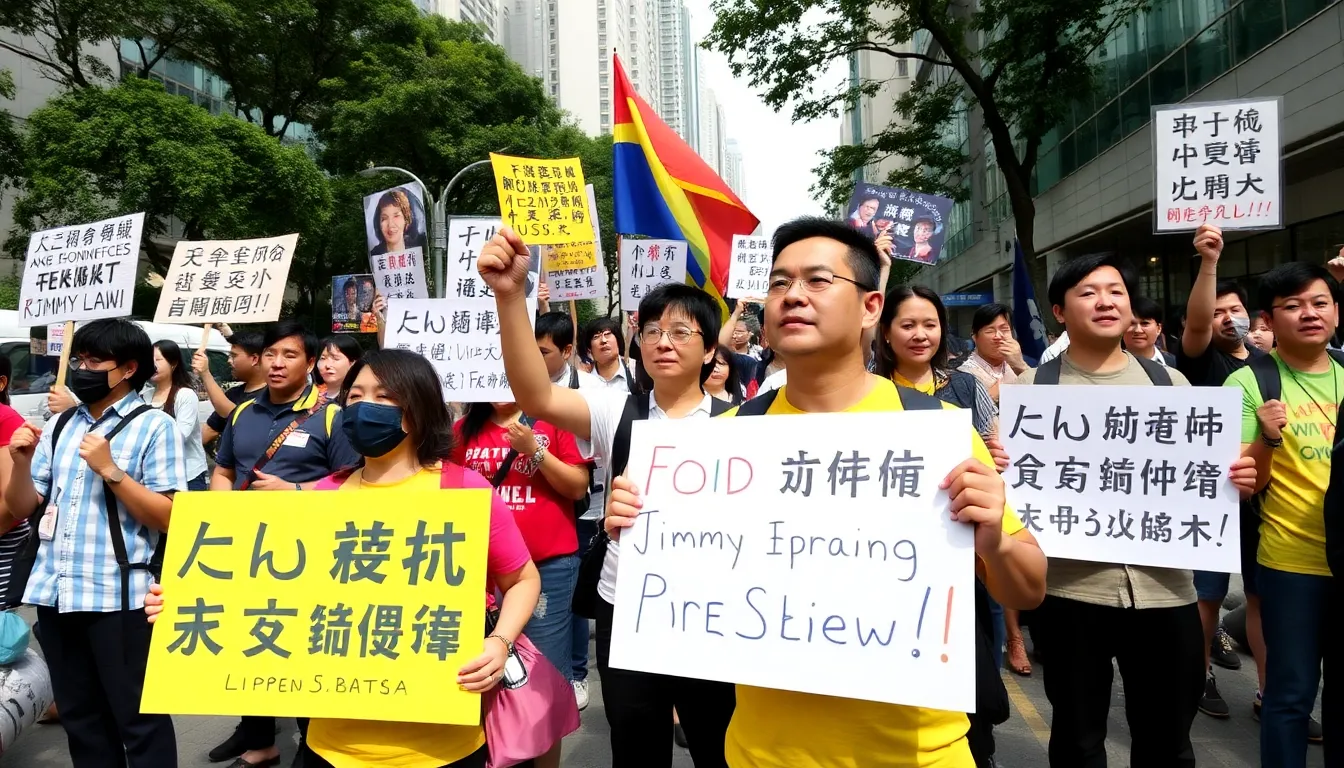 Jimmy Lai stands outside a courthouse in Hong Kong, flanked by supporters holding signs advocating for press freedom and political dissent.
