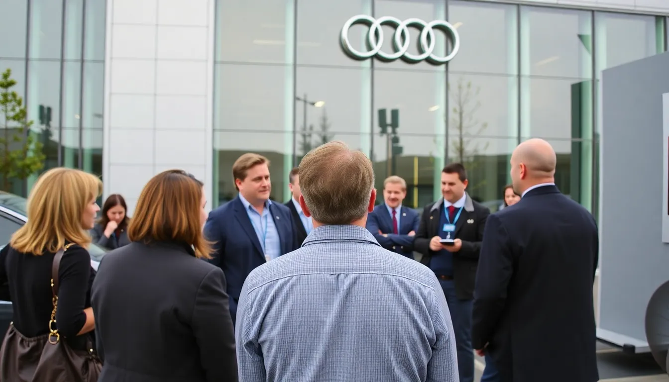 A group of Audi executives gathers for an emergency meeting in a conference room, discussing the implications of Jonathan Wheatley's recent resignation amid concerns about the company's future in the electric vehicle market.