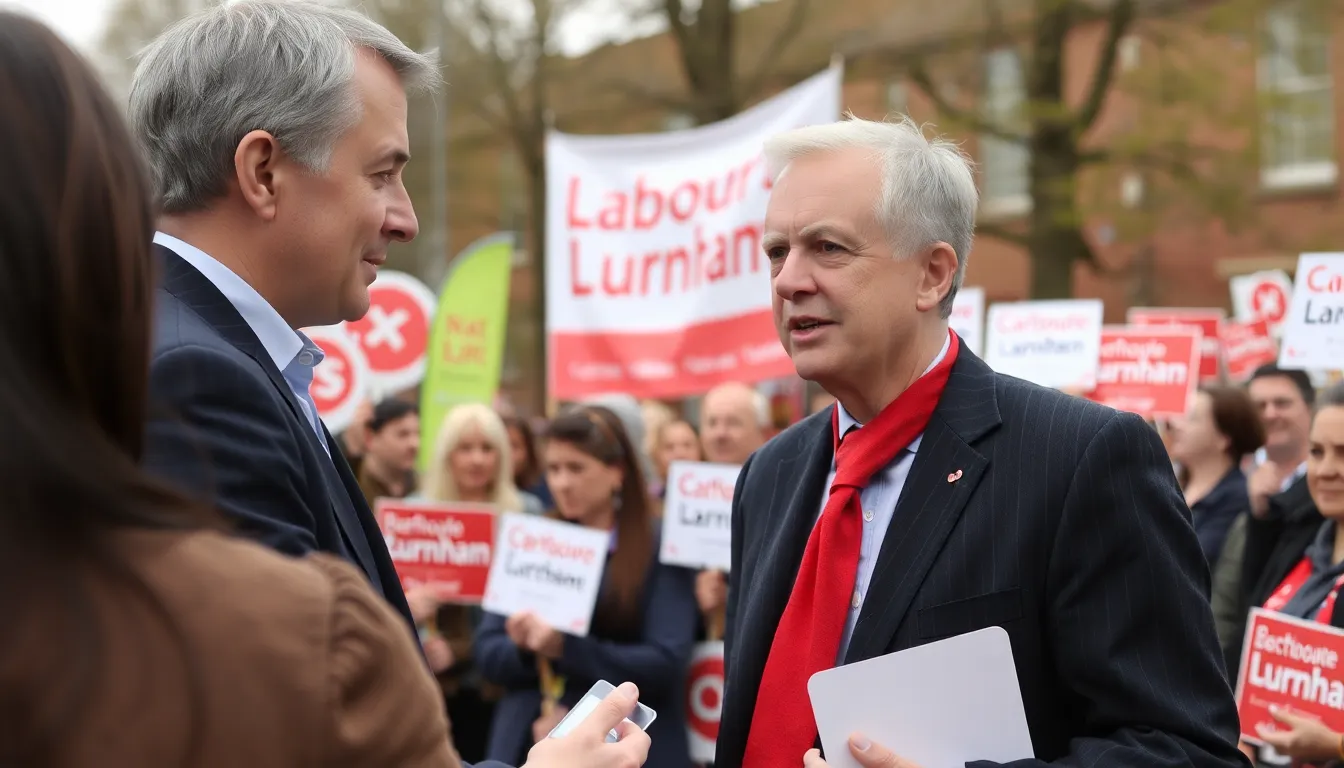 A gathering of Labour Party supporters discussing strategies, reflecting the party's focus on leveraging local figures for electoral success