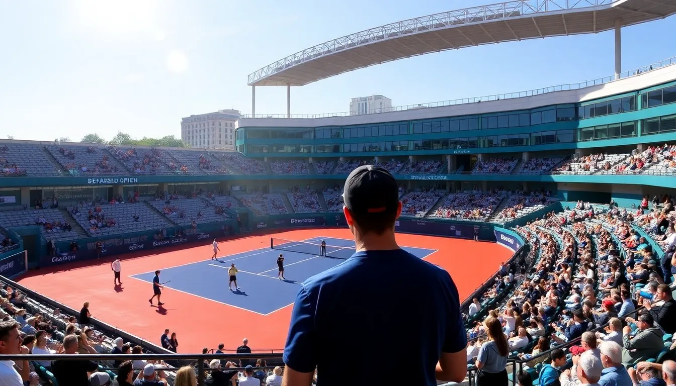 Tennis stars compete on a temporary court set up inside the Santiago Bernabeu Stadium, with a large crowd of spectators cheering in the background.