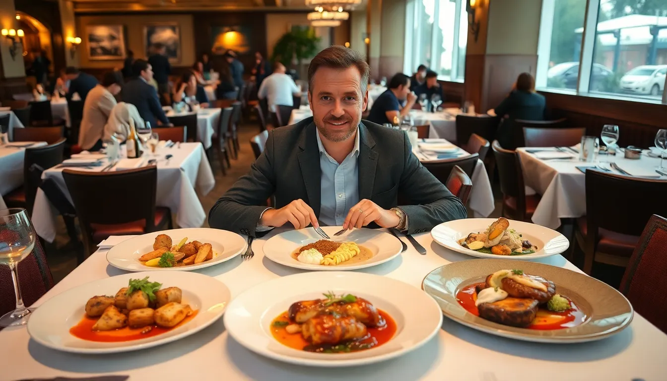 A man sits at a table surrounded by elegantly plated dishes, celebrating his recordbreaking achievement of dining at 28 Michelinstarred restaurants in 24 hours.