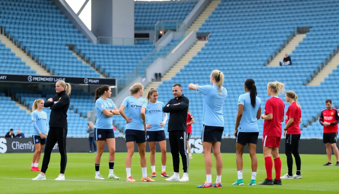 Fans wearing Manchester City and Manchester United jerseys gather outside the stadium, eagerly anticipating the start of the Women's Super League derby.