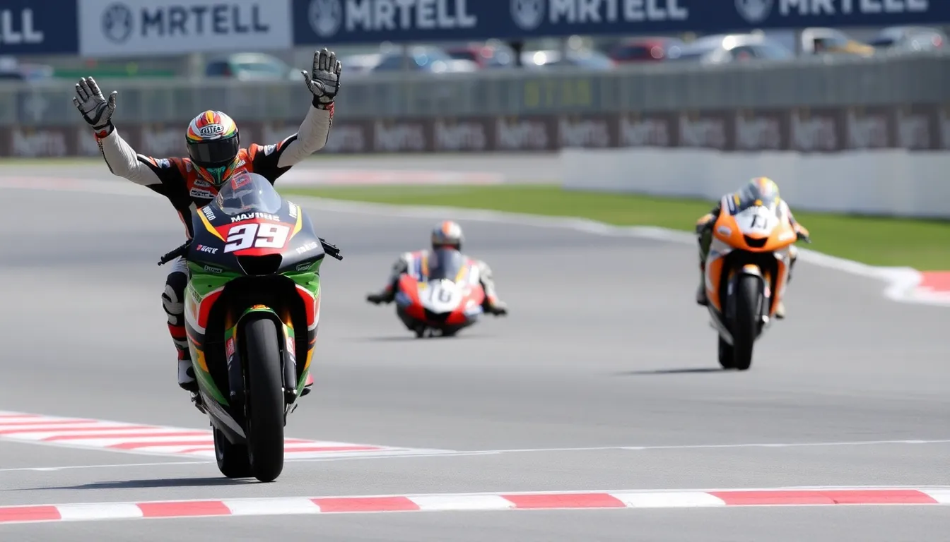 Marco Bezzecchi celebrates his fifth consecutive victory at the MotoGP United States Grand Prix, flanked by his Aprilia teammates Aleix Espargaró and Maverick Viñales on the podium.