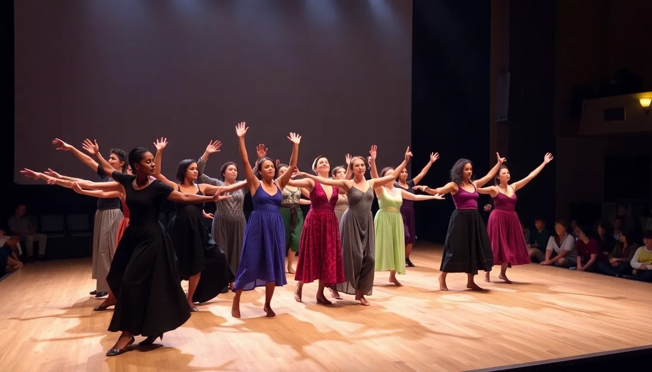 Dancers perform a powerful rendition of Mark Morris's Stations of the Cross, expressing deep emotion through movement and music on a dimly lit stage.