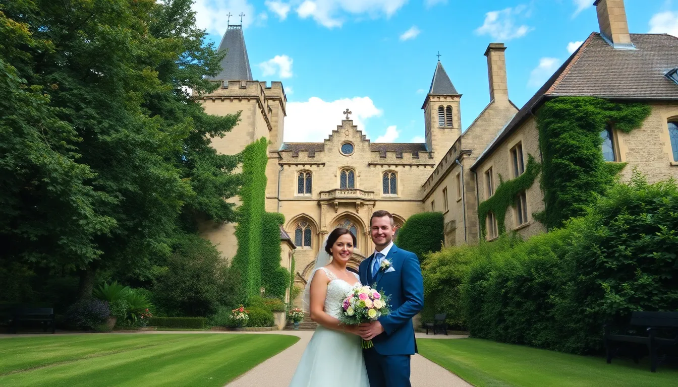 Chinese couples dressed in traditional wedding attire pose for photos in the picturesque grounds of Fountains Abbey, surrounded by the historic stone architecture and lush greenery.