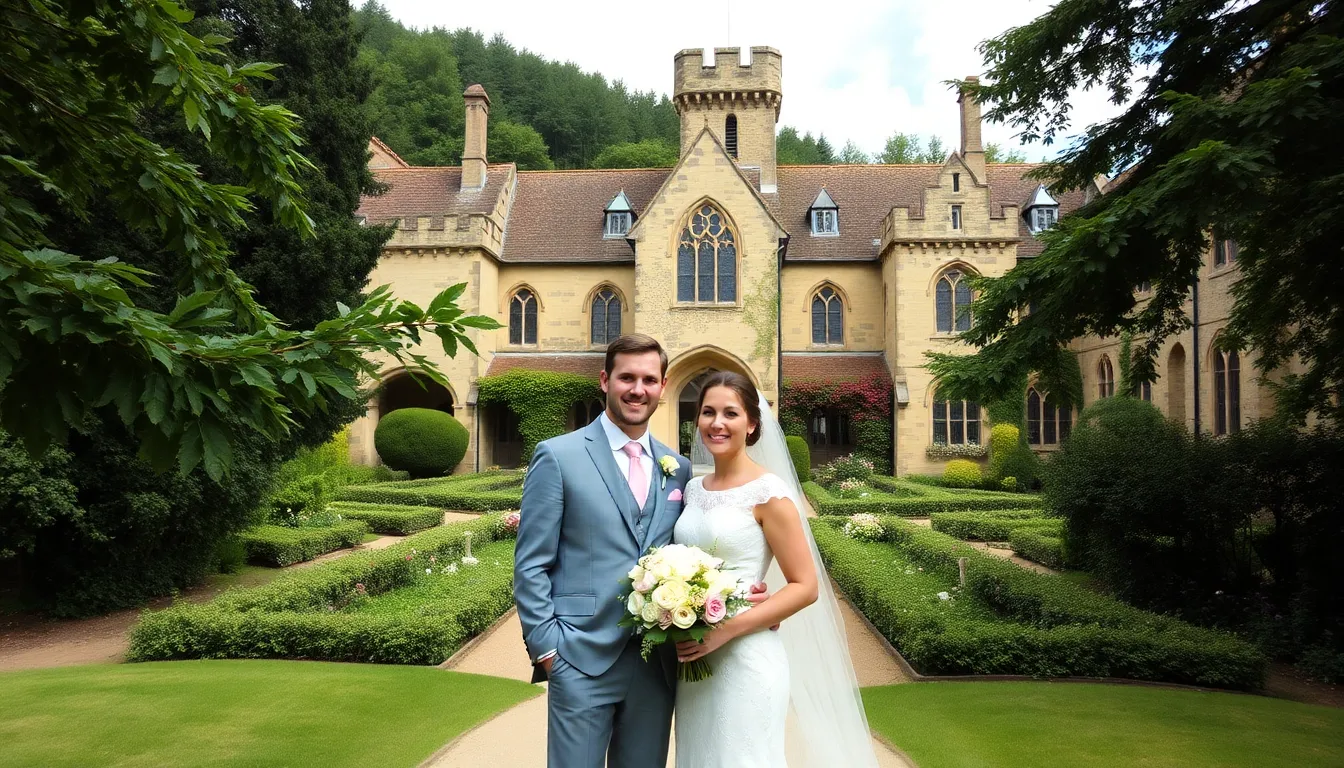 A picturesque view of the abbey's scenic grounds, adorned with floral arrangements, enhances the romantic atmosphere for wedding ceremonies