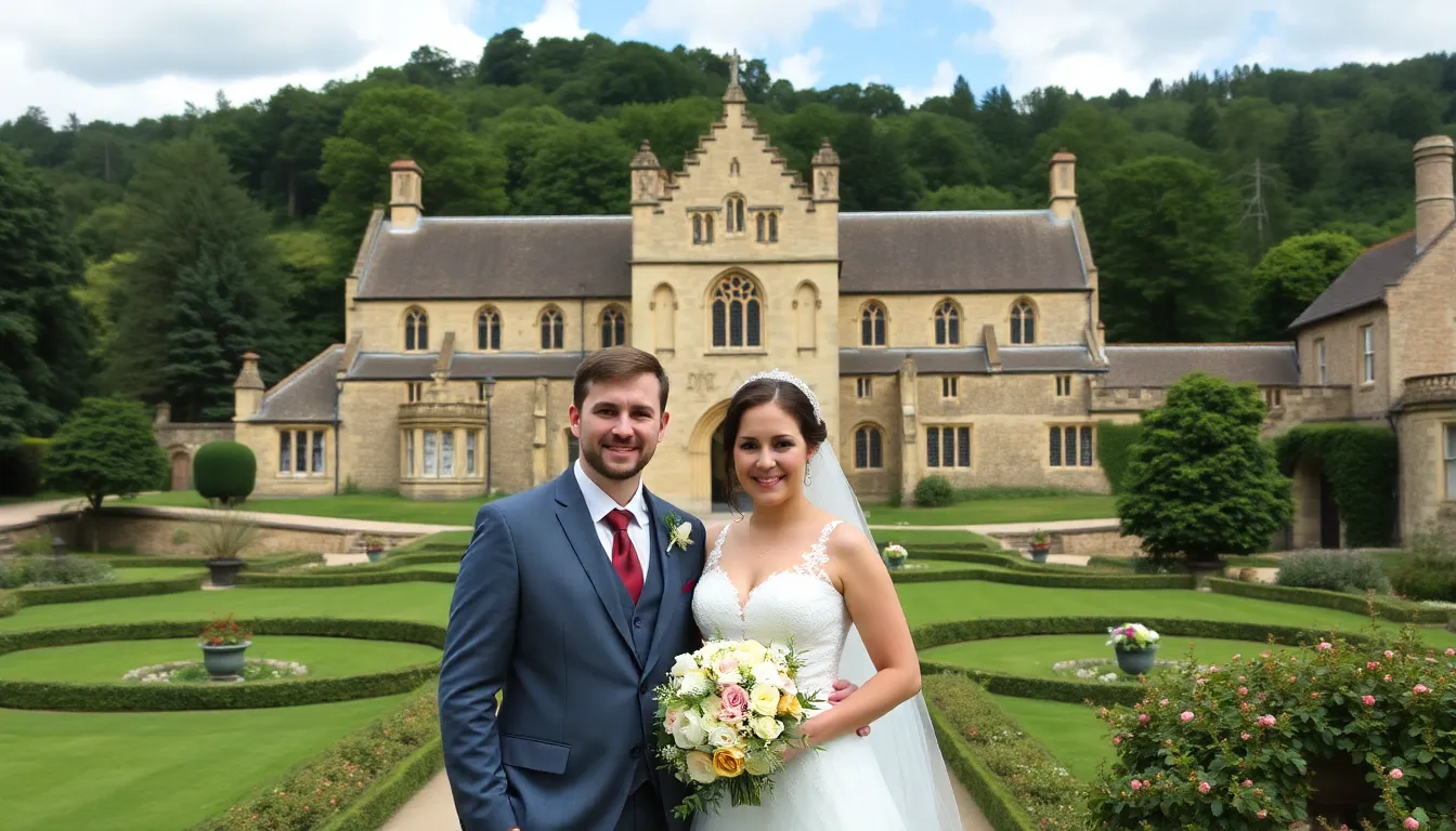 The vibrant celebration of love unfolds as guests enjoy the enchanting ambiance of the ancient abbey, symbolizing a unique cultural exchange
