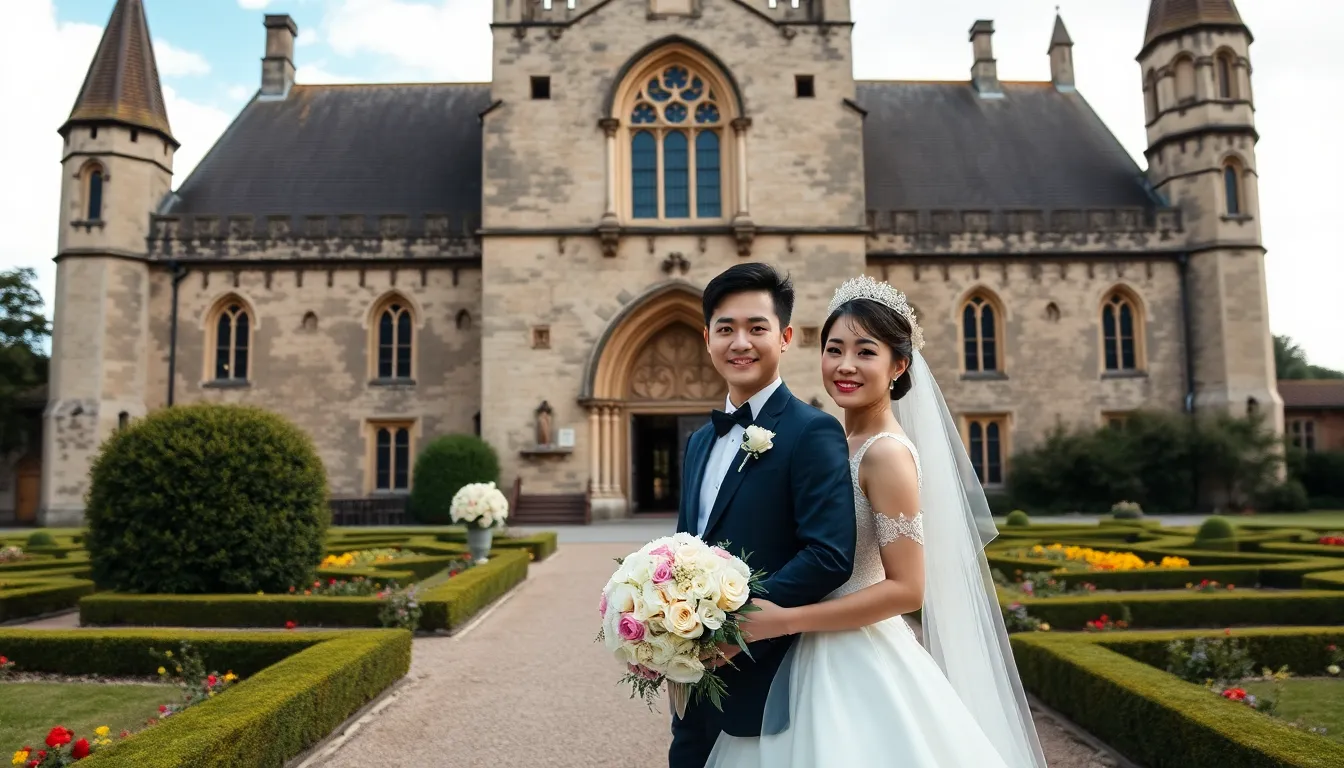 A medieval English abbey stands majestically in the background as a couple dressed in traditional Chinese wedding attire poses for photographs amidst lush greenery and ancient stone architecture.