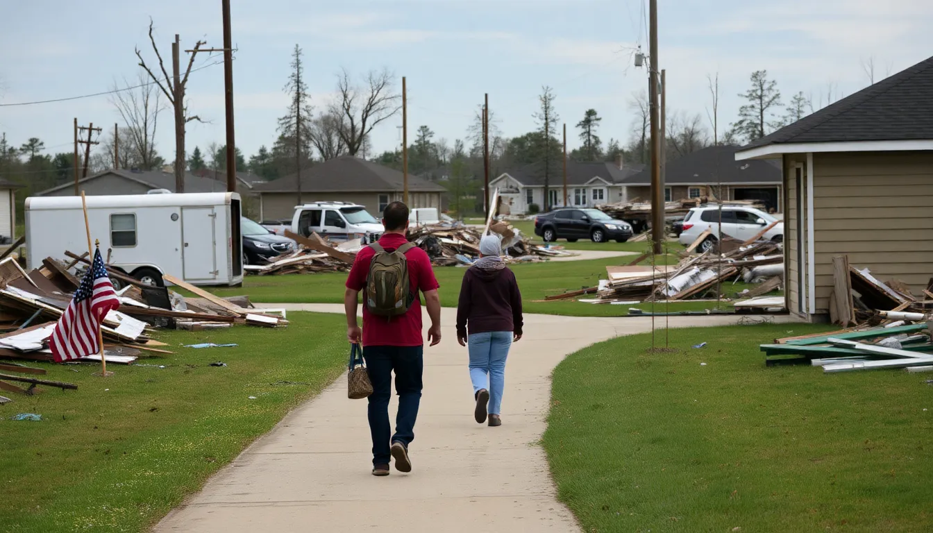 Rescue workers search through the debris of a collapsed building in a devastated neighborhood following a series of tornadoes that struck Michigan and Oklahoma, leaving destruction and loss in their wake.