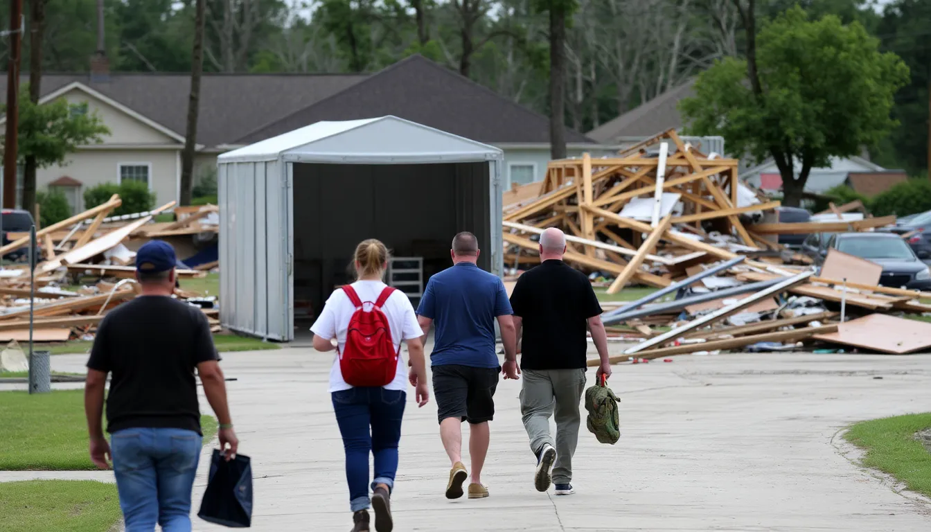 A devastated neighborhood shows the aftermath of the tornadoes, with homes severely damaged and debris scattered across the streets