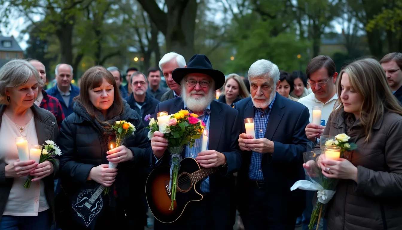A group of musicians gathers at a memorial service, sharing stories and paying tribute to Mike Vernon, who significantly influenced the British blues scene.