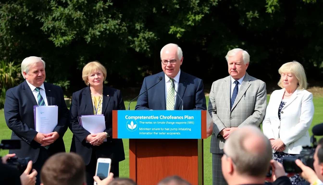 Government officials announce new heat pump targets at a press conference, emphasizing the initiative's role in combating climate change and promoting sustainable energy solutions.