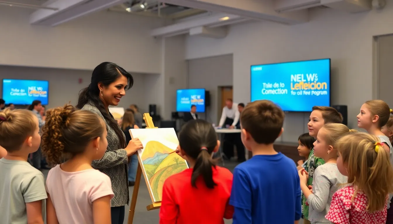 Miyu enthusiastically demonstrates oil pastel techniques to a group of captivated children during a vibrant art session on set.