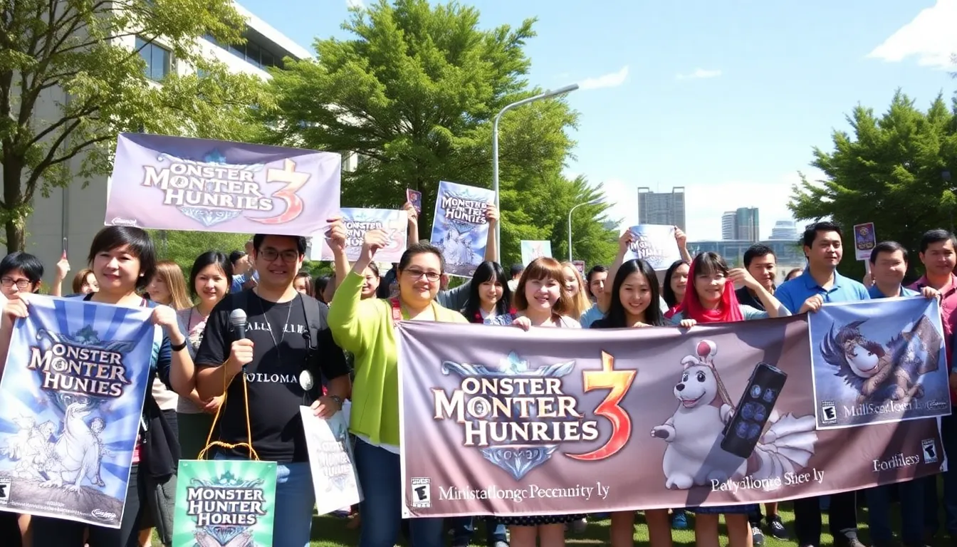 A group of gamers enthusiastically discusses their experiences with Monster Hunter Stories 3 at a gaming convention, surrounded by promotional banners and merchandise from the franchise.