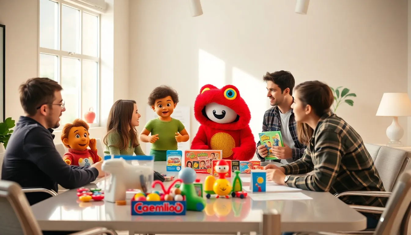 A group of colorful Labubu toys is displayed on a table, showcasing their playful designs and vibrant characters as fans gather around, excitedly discussing the upcoming movie adaptation.